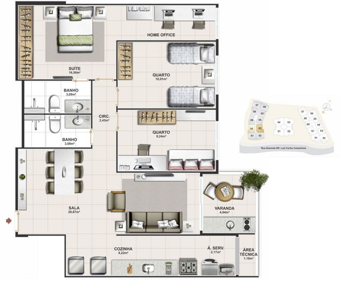 Planta 91 m² — Torre Sul · Colunas 3 e 10